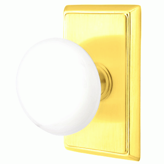 Ice White Porcelain Door Knob Set With Rectangular Rosette (Several Finish Options) EMTEK