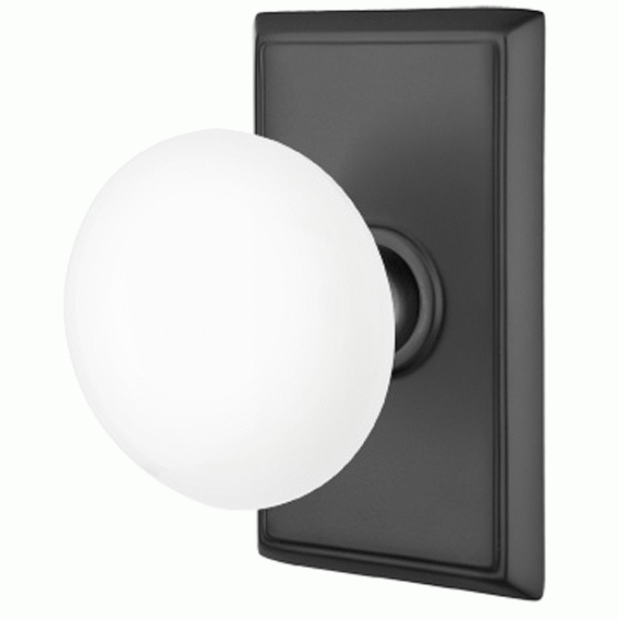 Ice White Porcelain Door Knob Set With Rectangular Rosette (Several Finish Options) EMTEK