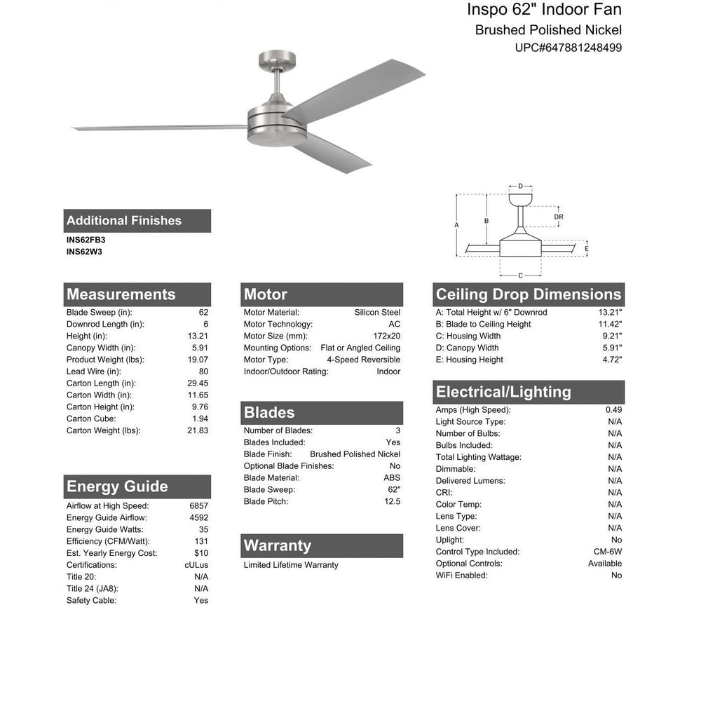 62" Inspo Indoor Fan in Brushed Polished Nickel w/ Brushed Nickel Blades CRAFTMADE