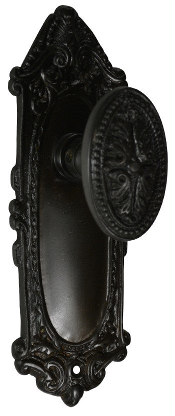 Ornate Victorian Long Backplate Door Set with Avalon Oval Door Knobs (Several Finishes Available)