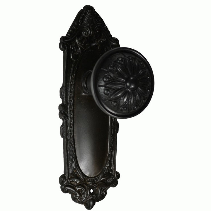 Ornate Victorian Long Backplate Door Set with Floral Imprint Door Knobs (Several Finishes Available)