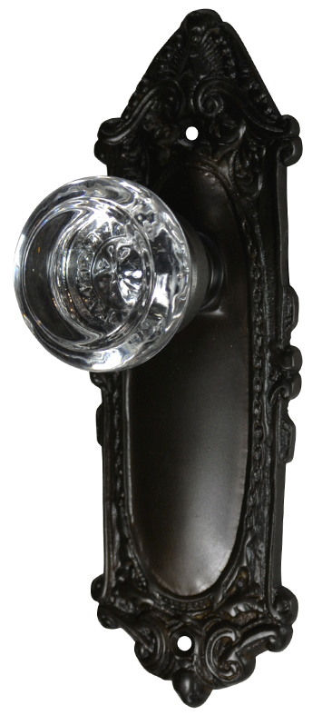 Ornate Victorian Long Backplate Privacy Door Set with Crystal Round Door Knobs (Black Bronze Finish) COPPER MOUNTAIN HARDWARE