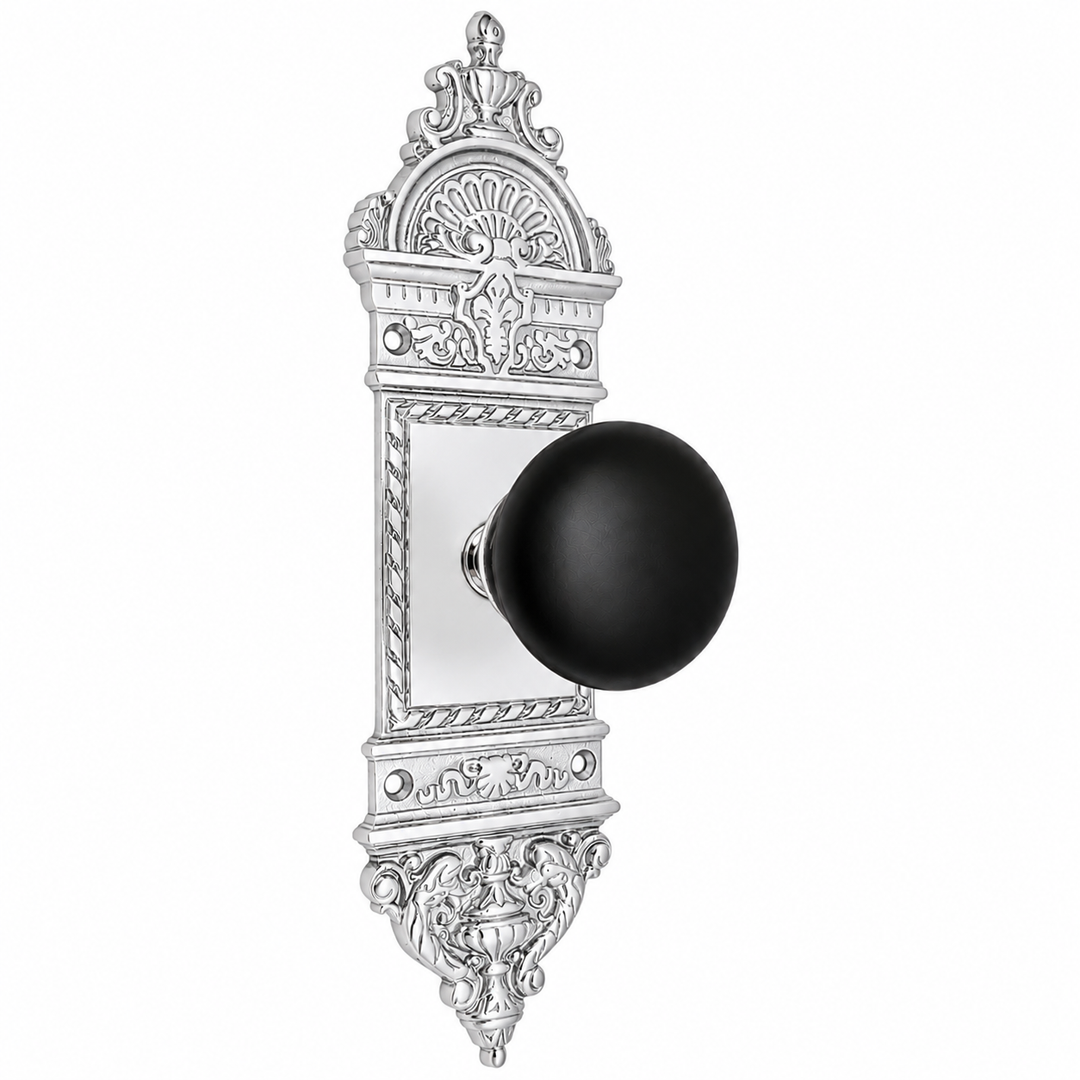 L'Enfant Small Backplate Door Set with Black Porcelain Door Knobs (Polished Chrome)
