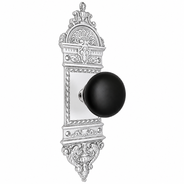 L'Enfant Small Backplate Door Set with Black Porcelain Door Knobs (Polished Chrome)