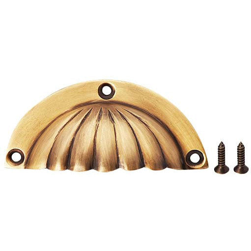 3 1/2 Inch Overall (3 Inch c-c) Solid Brass Scalloped Cup Pull (Antique Brass Finish) COPPER MOUNTAIN HARDWARE