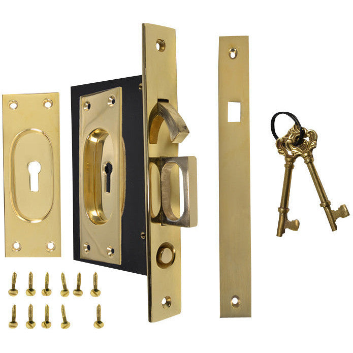 New Traditional Square Pattern Single Pocket Privacy (Lock) Style Door Set (Polished Brass) COPPER MOUNTAIN HARDWARE