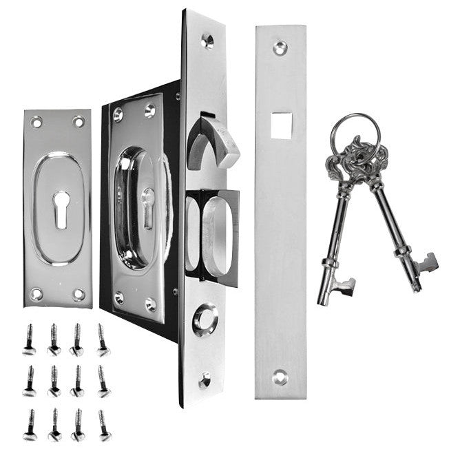 New Traditional Square Pattern Single Pocket Privacy (Lock) Style Door Set (Polished Chrome) COPPER MOUNTAIN HARDWARE