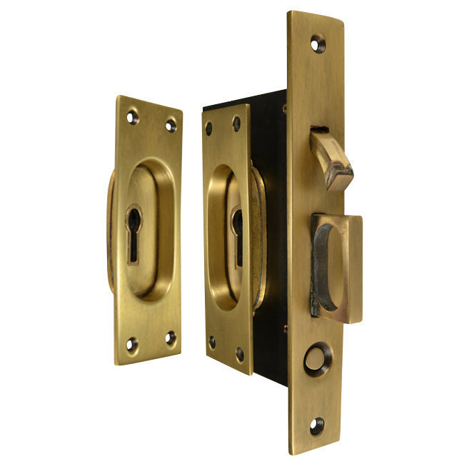 New Traditional Square Pattern Single Pocket Privacy (Lock) Style Door Set (Antique Brass) COPPER MOUNTAIN HARDWARE