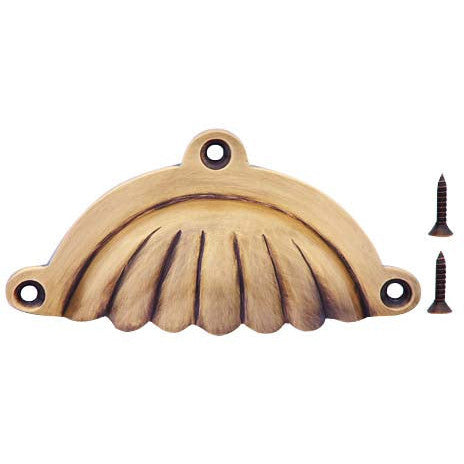 4 Inch Overall (3 1/2 Inch c-c) Solid Brass Scalloped Style Cup Pull (Antique Brass Finish) COPPER MOUNTAIN HARDWARE