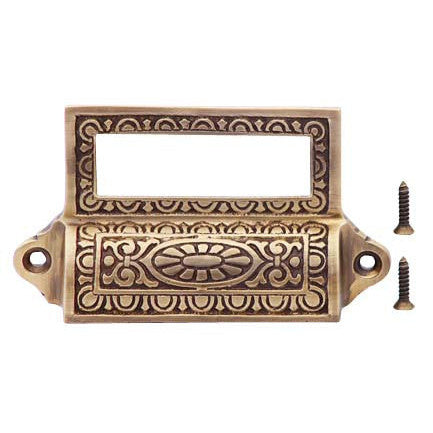 4 1/8 Inch Overall (3 1/2 Inch c-c) Solid Brass Victorian Label Style Bin Pull (Antique Brass Finish) COPPER MOUNTAIN HARDWARE