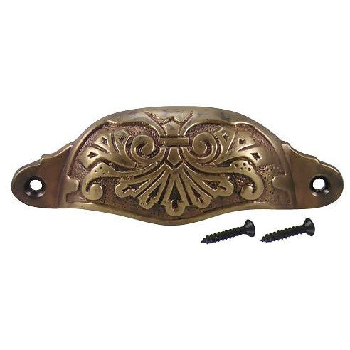 4 3/8 Inch Overall (3 3/4 Inch c-c) Solid Brass Ornate Victorian Scroll Cup or Bin Pull (Antique Brass Finish) COPPER MOUNTAIN HARDWARE