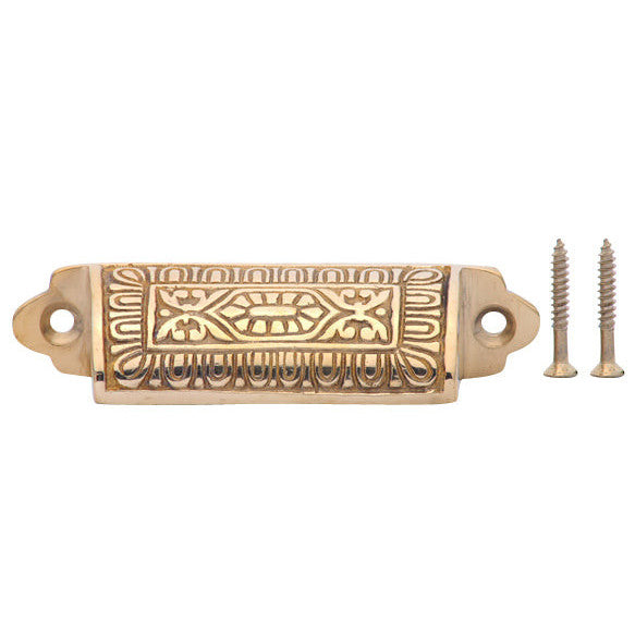 3 5/8 Inch Overall (3 Inch c-c) Traditional Square Eastlake Style Bin Pull (Polished Brass Finish) COPPER MOUNTAIN HARDWARE