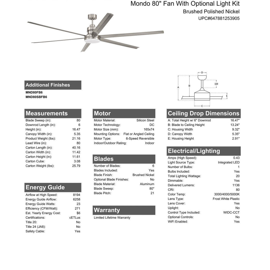 80" Mondo in Brushed Polished Nickel w/ Brushed Nickel Blades CRAFTMADE