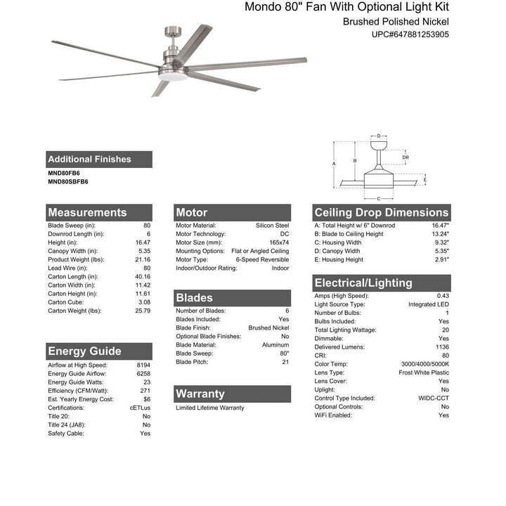 80" Mondo in Brushed Polished Nickel w/ Brushed Nickel Blades CRAFTMADE