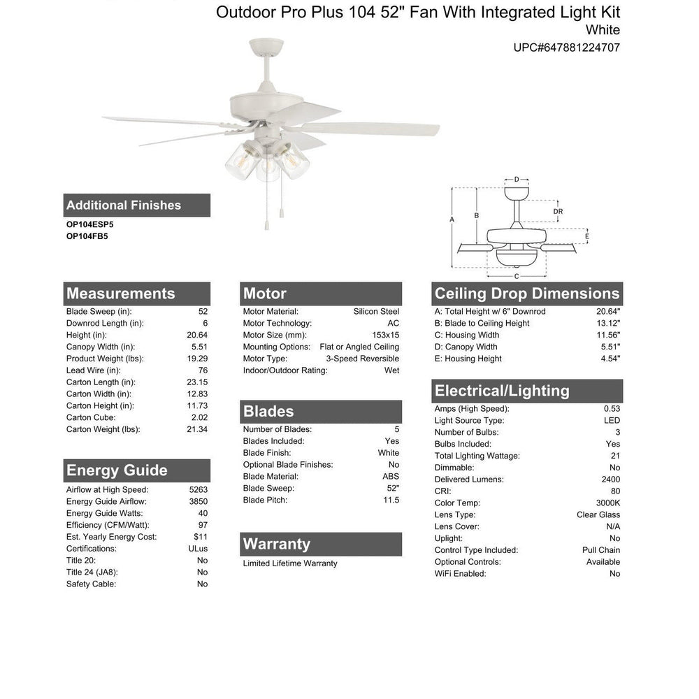 52" Outdoor Pro Plus 104 in White w/ Matte White Blades CRAFTMADE