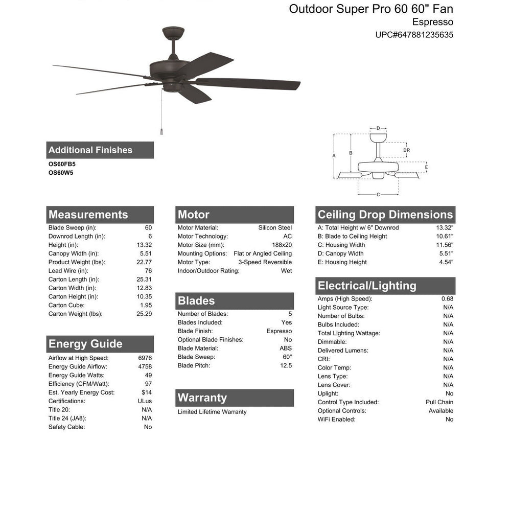 60" Outdoor Super Pro 60 in Espresso w/ Espresso Blades CRAFTMADE