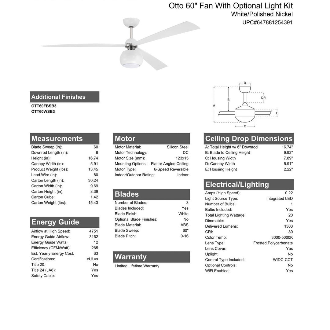 60" Otto in White/Polished Nickel w/ White Blades CRAFTMADE