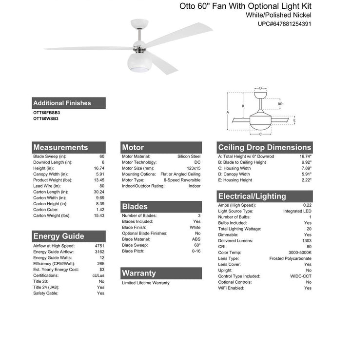 60" Otto in White/Polished Nickel w/ White Blades CRAFTMADE