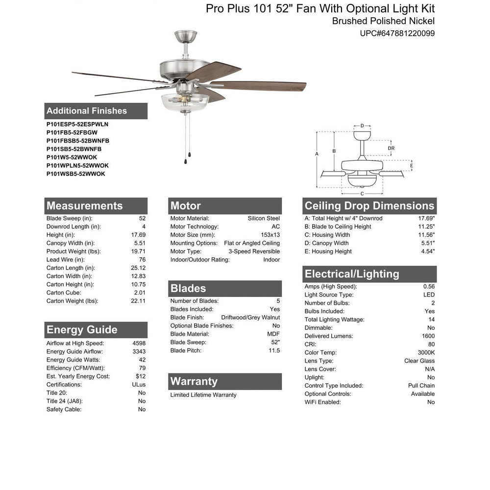 52" Pro Plus 101 in Brushed Polished Nickel w/ Driftwood/Grey Walnut Blades CRAFTMADE