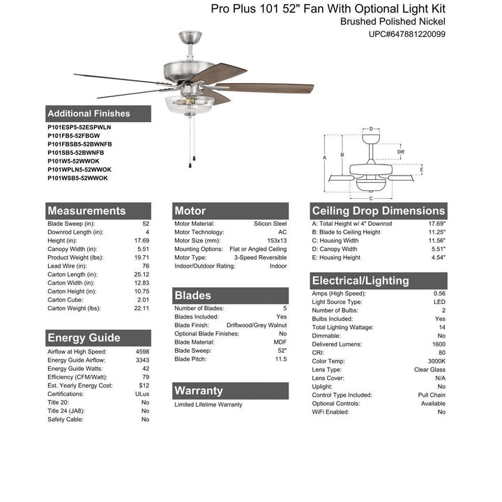 52" Pro Plus 101 in Brushed Polished Nickel w/ Driftwood/Grey Walnut Blades CRAFTMADE