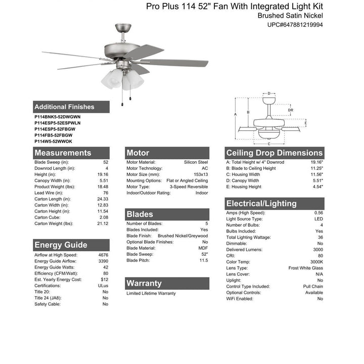 52" Pro Plus 114 in Brushed Nickel w/ Brushed Nickel/Greywood Blades CRAFTMADE