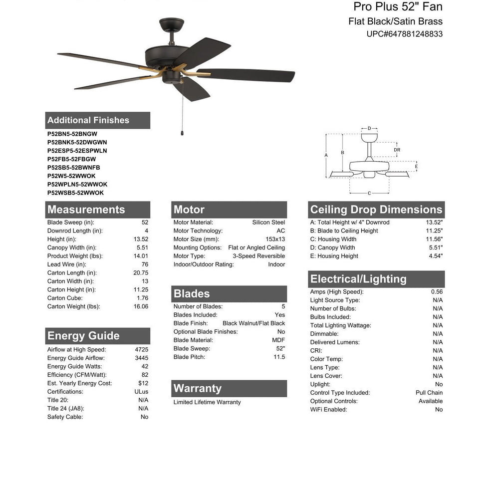 52" Pro Plus in Flat Black/Satin Brass w/ Black Walnut/Flat Black Blades CRAFTMADE