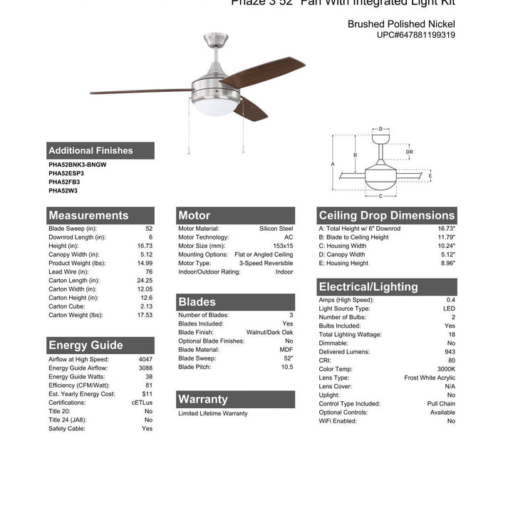 52" Phaze 3 in Brushed Polished Nickel w/ Walnut/Dark Oak Blades CRAFTMADE