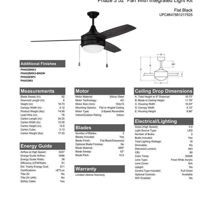 52" Phaze 3 in Flat Black  w/ Flat Black/Greywood Blades CRAFTMADE