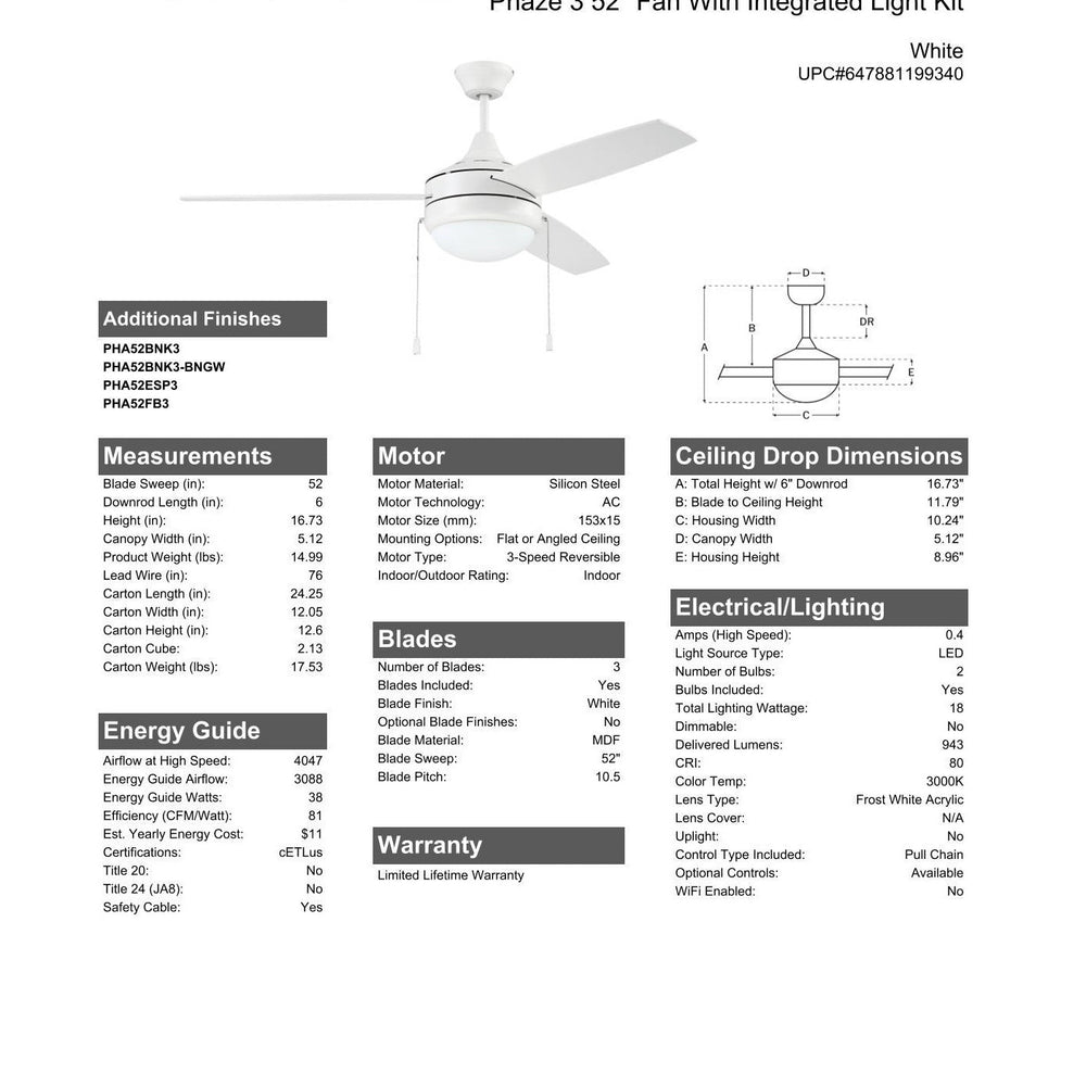 52" Phaze 3 in White w/ White Blades CRAFTMADE