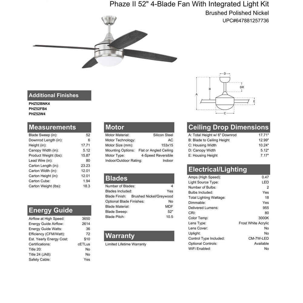 52" Phaze II 4-Blade in Brushed Polished Nickel w/ Brushed Nickel/Greywood Blades CRAFTMADE