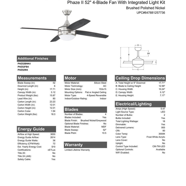 52" Phaze II 4-Blade in Brushed Polished Nickel w/ Brushed Nickel/Greywood Blades CRAFTMADE