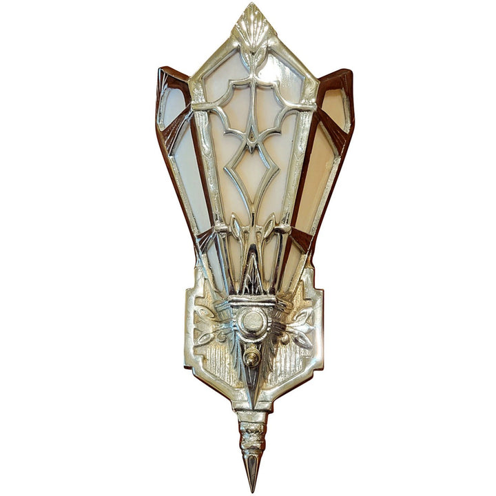 14 Inch Art Deco Stained Glass Shade Pink Champagne Wall Sconce in Polished Chrome COPPER MOUNTAIN HARDWARE