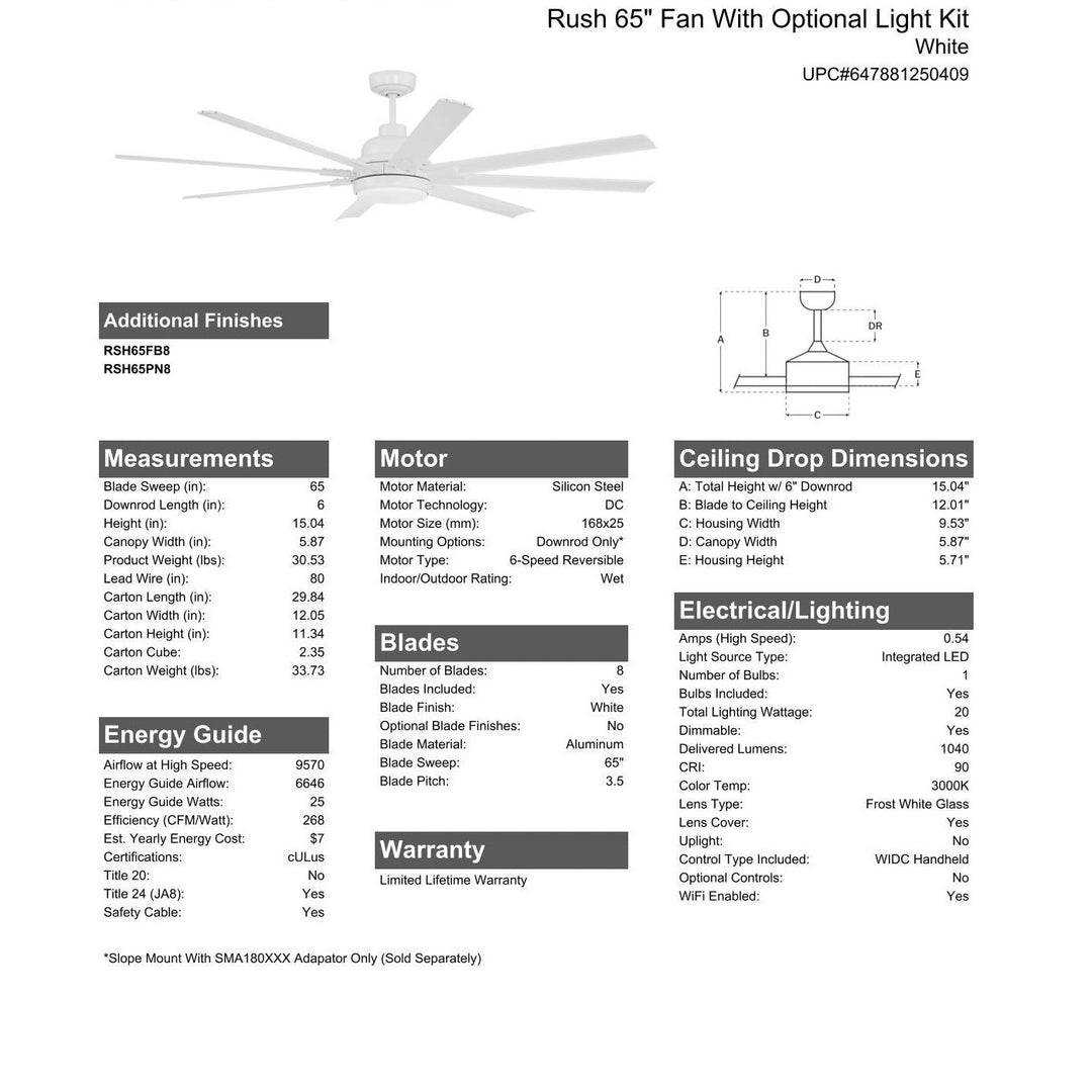 65" Rush in White w/ White Blades CRAFTMADE