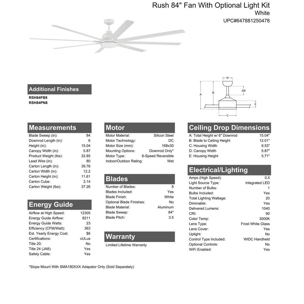 84" Rush in White w/ White Blades CRAFTMADE