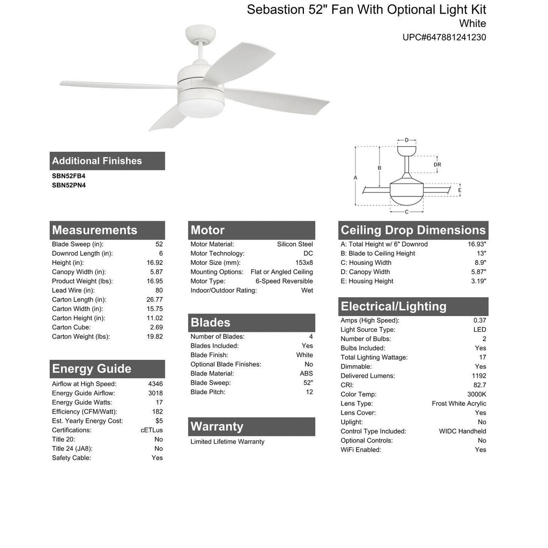 52" Sebastion in White w/ White Blades CRAFTMADE