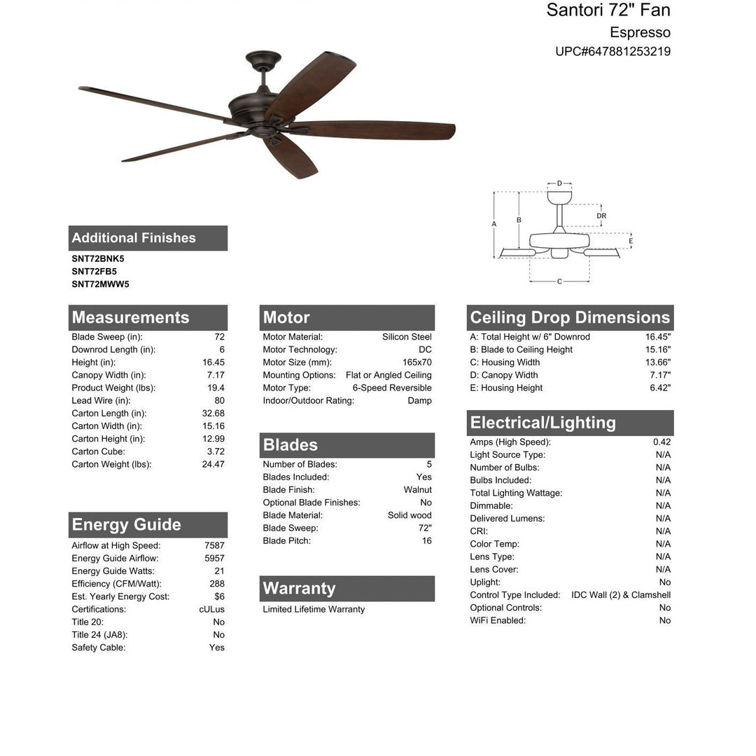 72" Santori Indoor/Outdoor (Damp) in Espresso w/ Walnut Blades CRAFTMADE