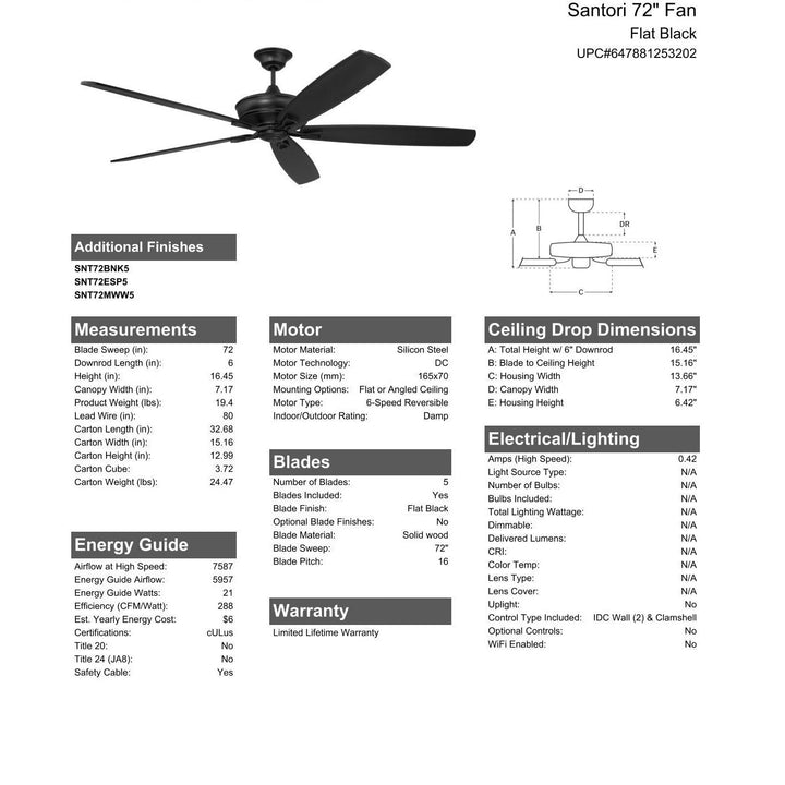 72" Santori Indoor/Outdoor (Damp) in Flat Black w/ Flat Black Blades CRAFTMADE