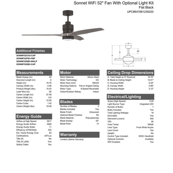 52" Sonnet WiFi in Flat Black  w/ Greywood Blades CRAFTMADE