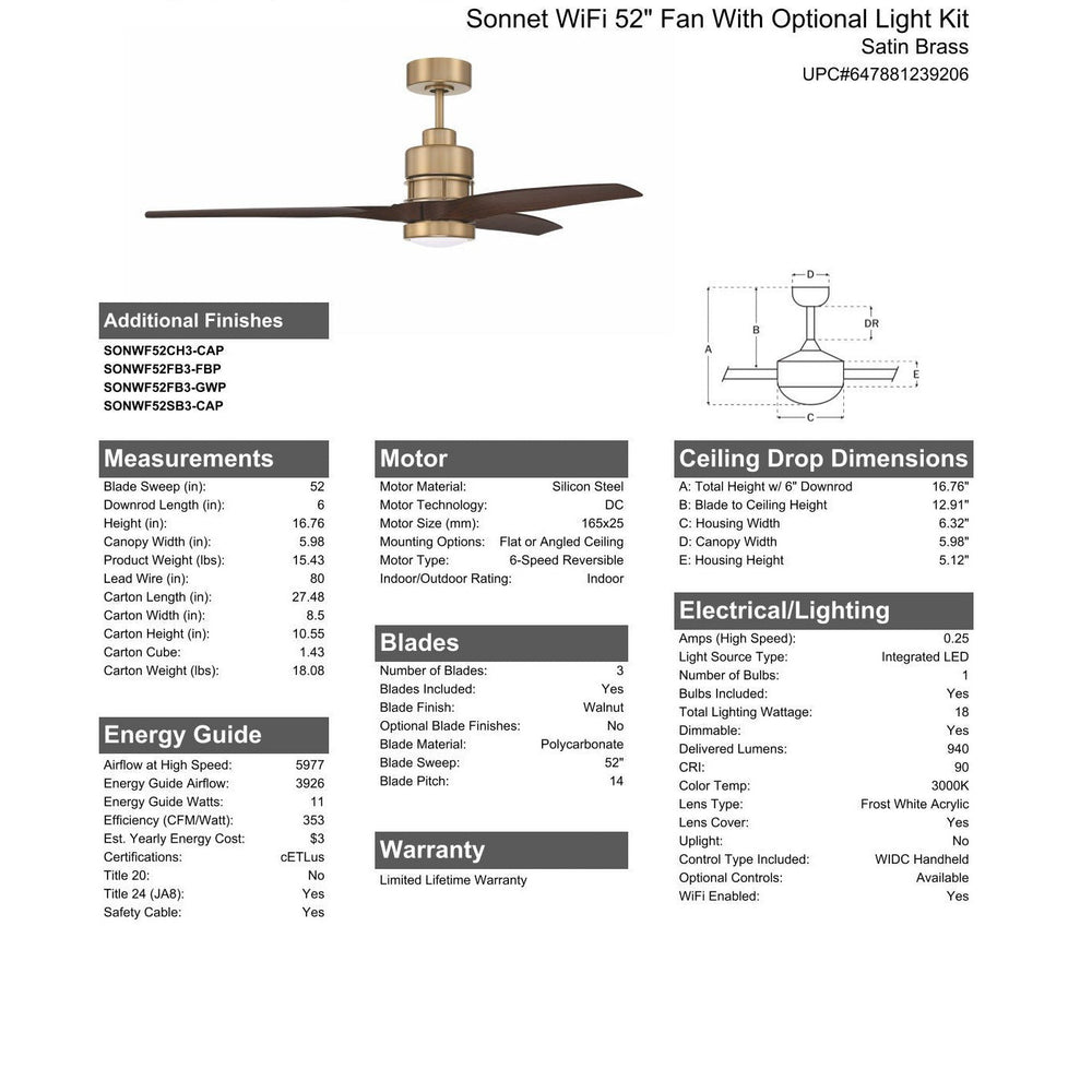 52" Sonnet WiFi in Satin Brass w/ Walnut Blades CRAFTMADE