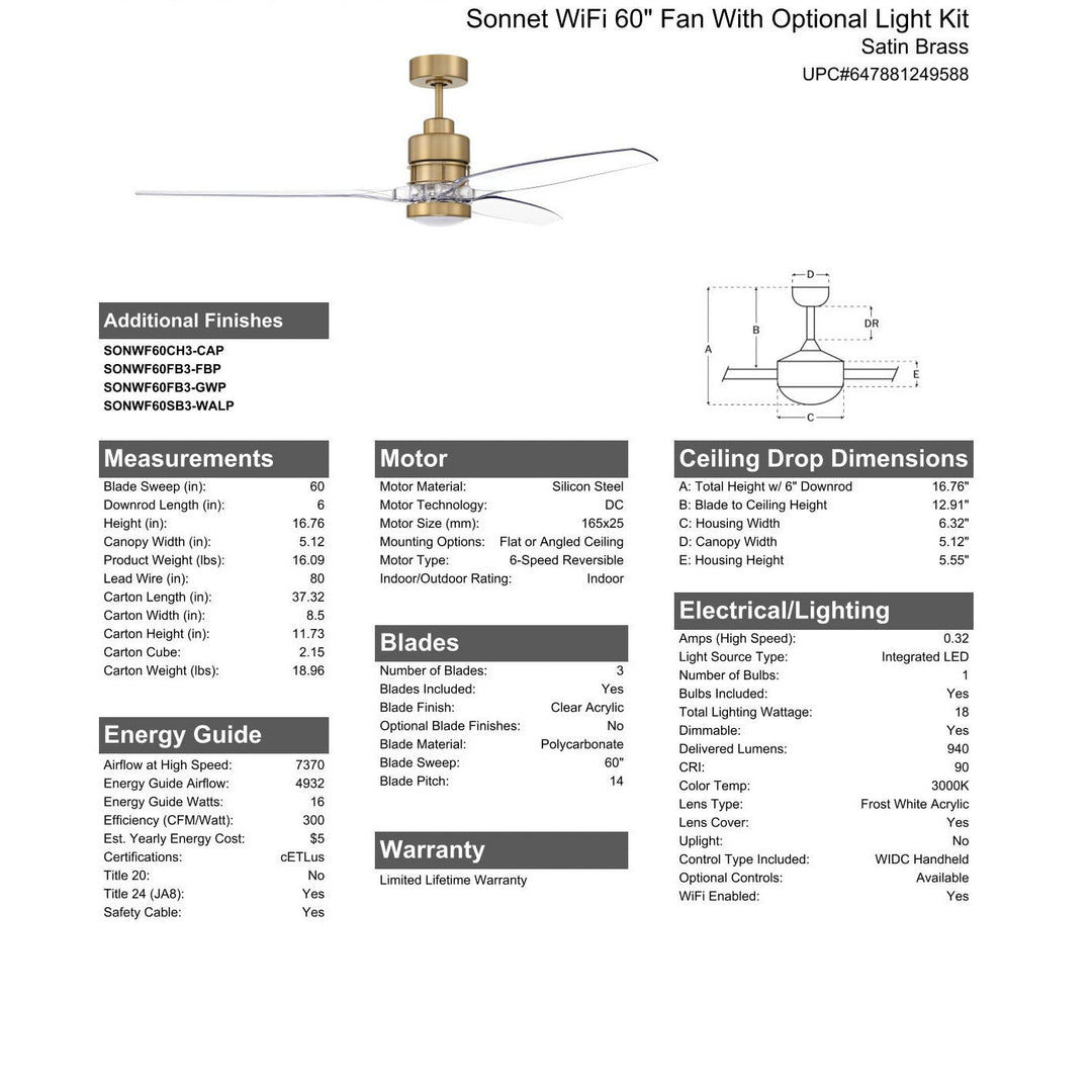 60" Sonnet WiFi in Satin Brass w/ Clear Acrylic Blades CRAFTMADE