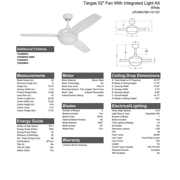 52" Targas in White w/ White Blades CRAFTMADE