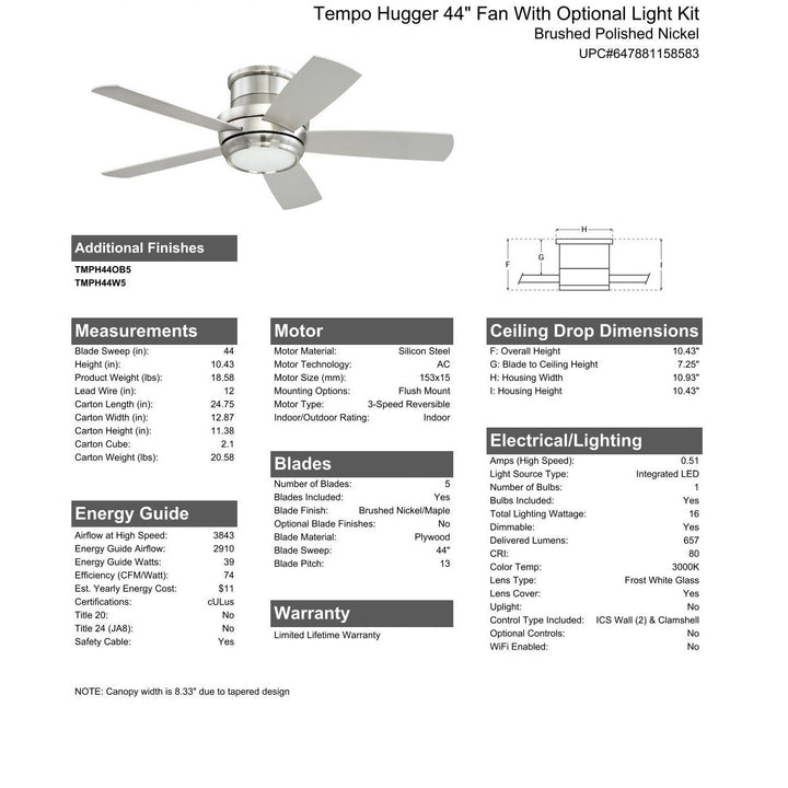 44" Tempo Hugger in Brushed Polished Nickel w/ Brushed Nickel/Maple Blades CRAFTMADE