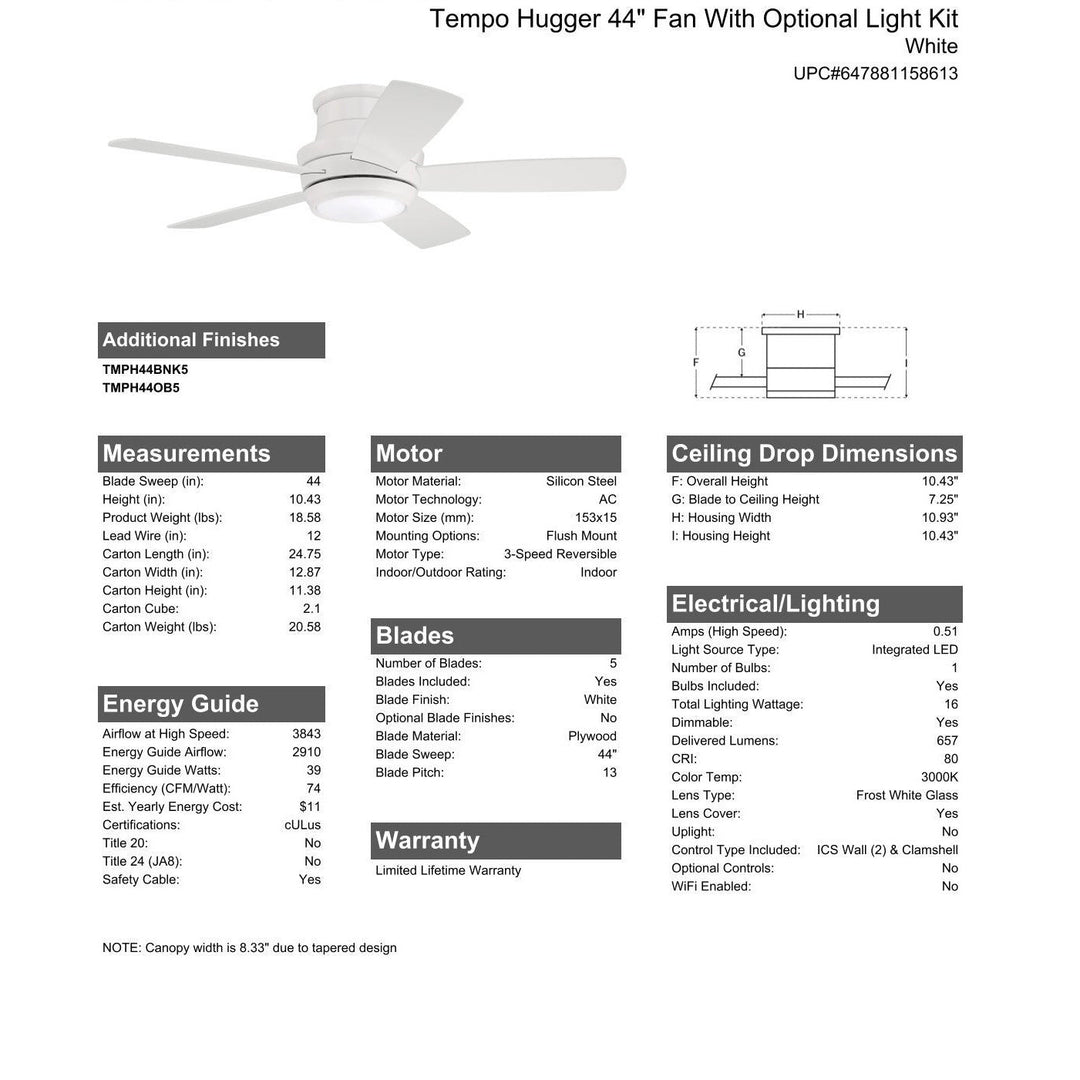 44" Tempo Hugger in White w/ White Blades CRAFTMADE