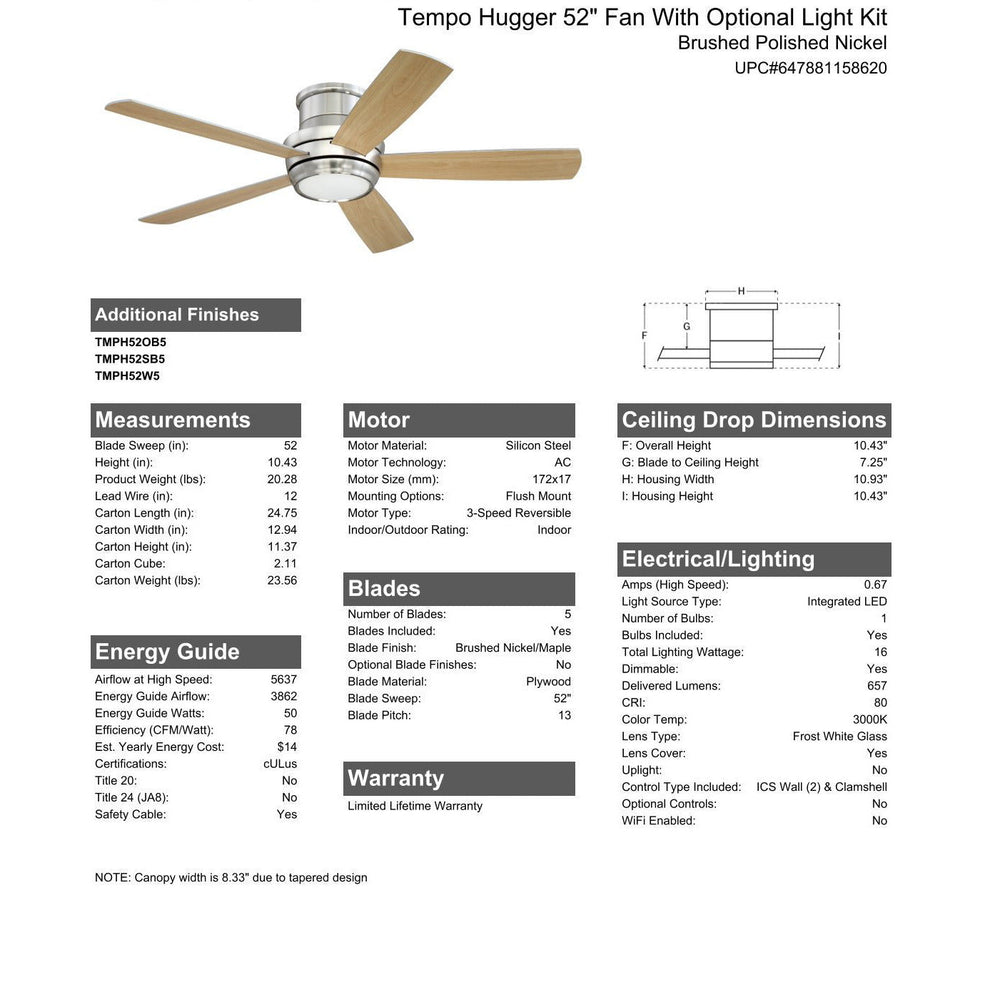 52" Tempo Hugger in Brushed Polished Nickel w/ Brushed Nickel/Maple Blades CRAFTMADE