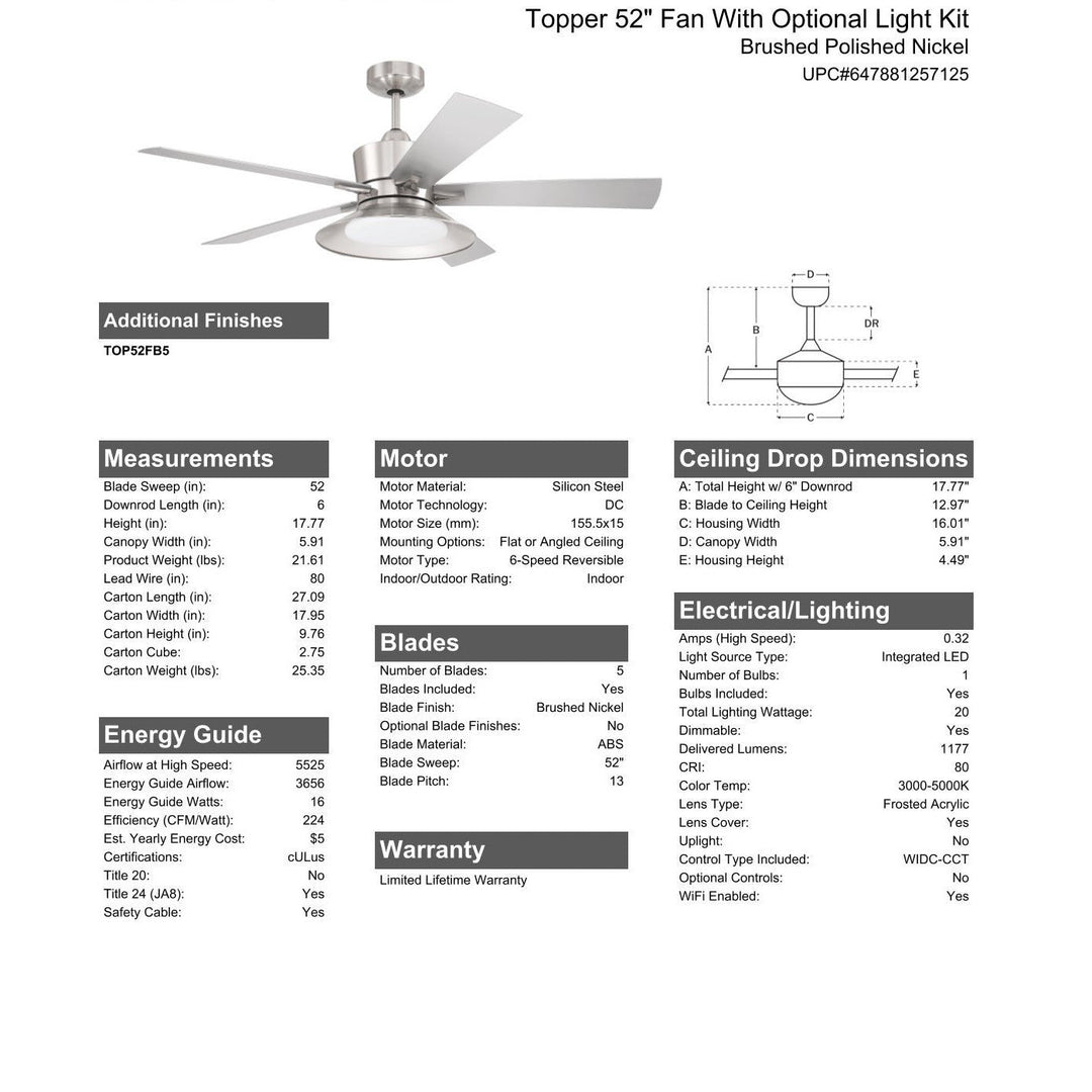 52" Topper in Brushed Polished Nickel w/ Brushed Nickel Blades CRAFTMADE