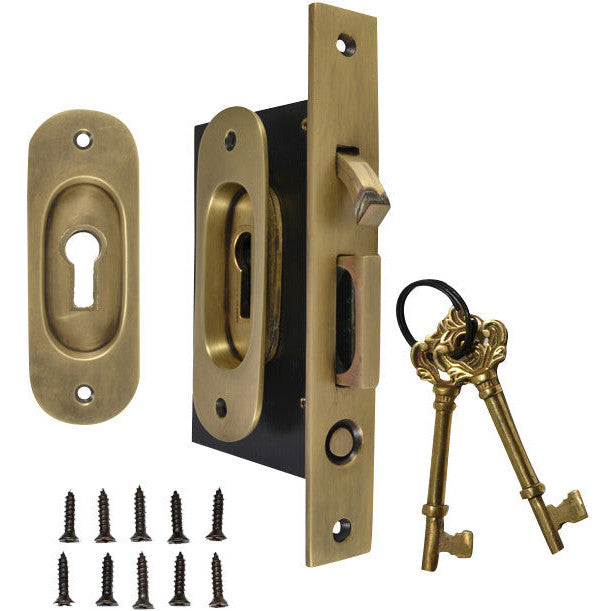 Traditional Oval Pattern Single Pocket Privacy (Lock) Style Door Set (Antique Brass) COPPER MOUNTAIN HARDWARE