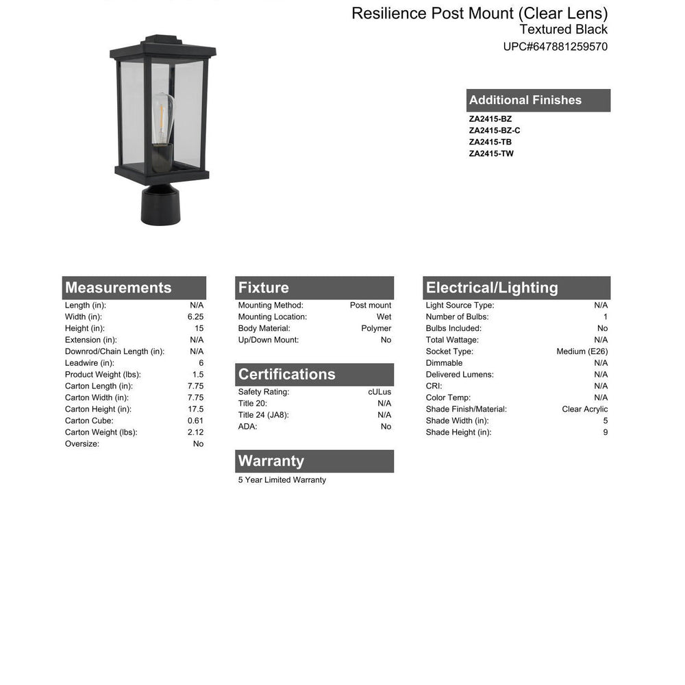 Resilience 1 Light Post Mount in Textured Black CRAFTMADE