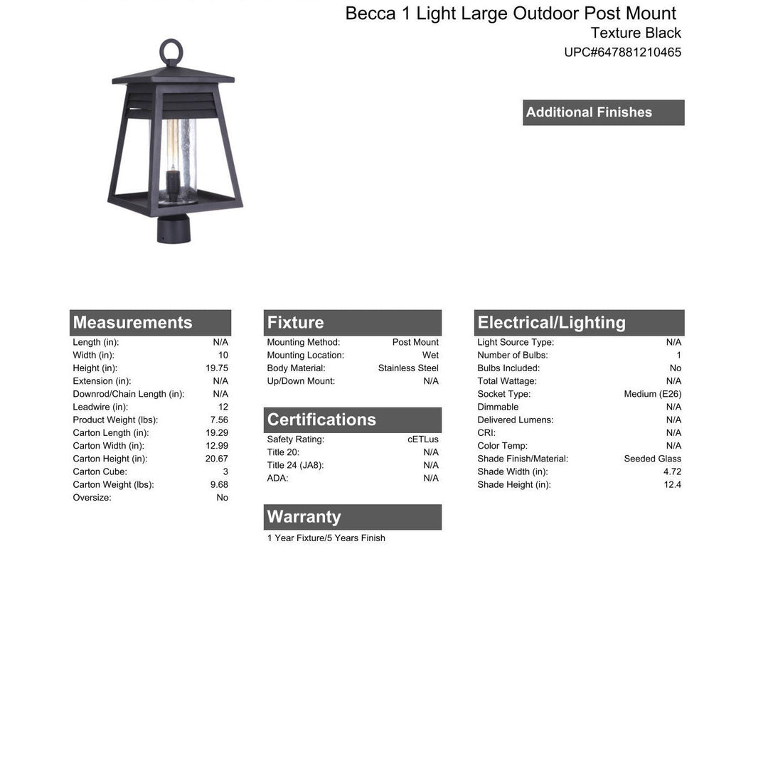 Becca 1 Light Large Outdoor Post Mount in Texture Black CRAFTMADE