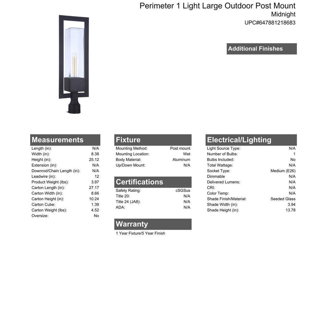 Perimeter 1 Light Large Outdoor Post Mount in Midnight CRAFTMADE