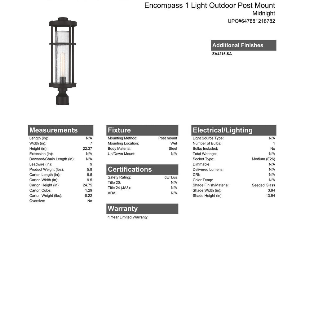 Encompass 1 Light Outdoor Post Mount in Midnight CRAFTMADE